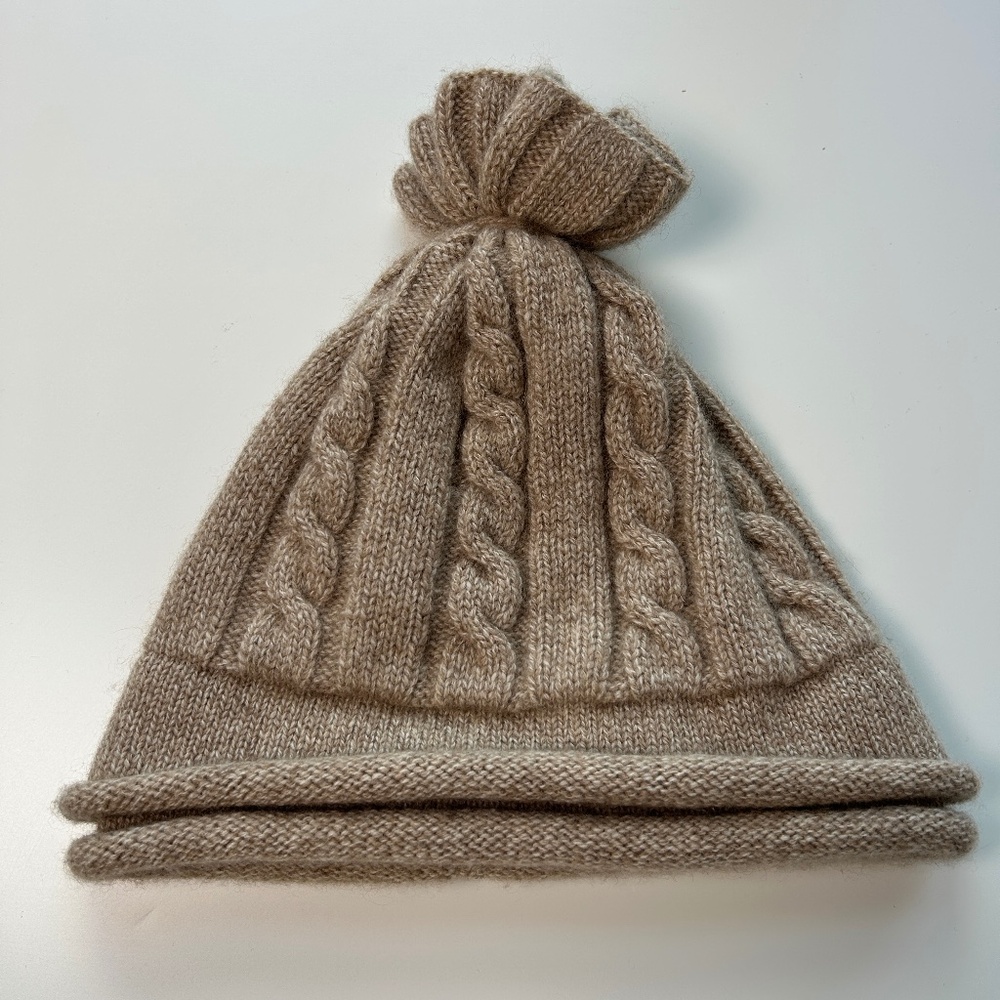 Mount Cashmere women one size beanie cable knit knot top brown 100% cashmere